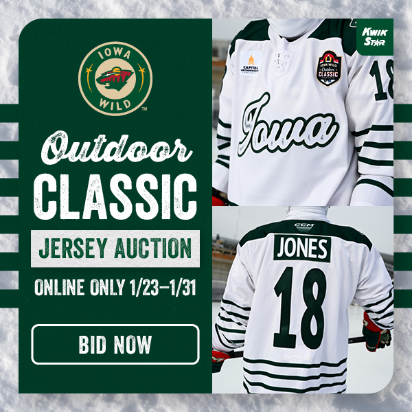 Iowa Wild Outdoor Classic Jersey Auction. Online Only. 1/23-1/31. Click to bid now!