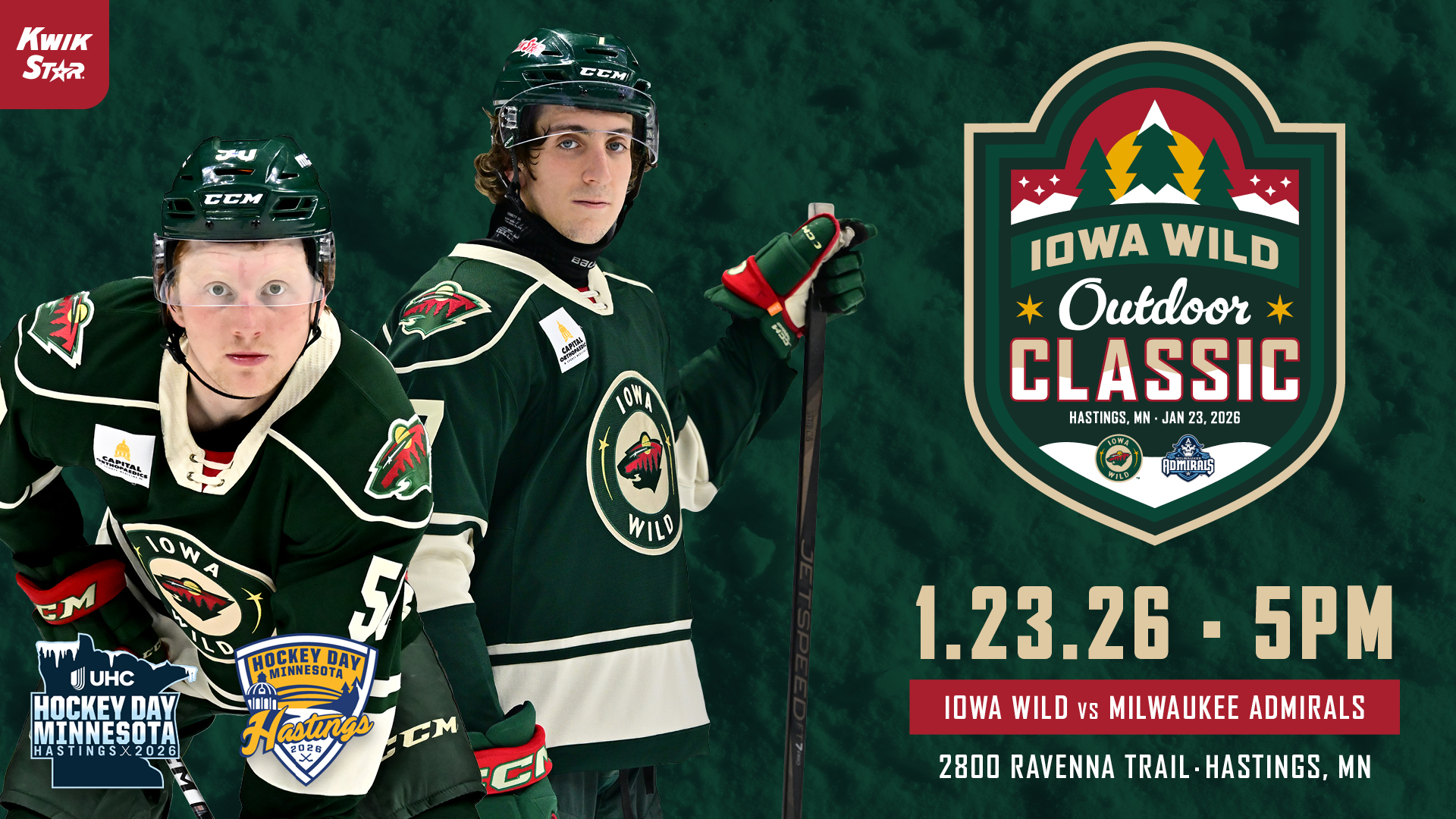 Iowa Wild Outdoor Classic, Hastings, MN January 23, 2026 @ 5 PM Iowa Wild vs. Milwaukee Admirals. 2800 Ravenna Trail, Hastings, MN
